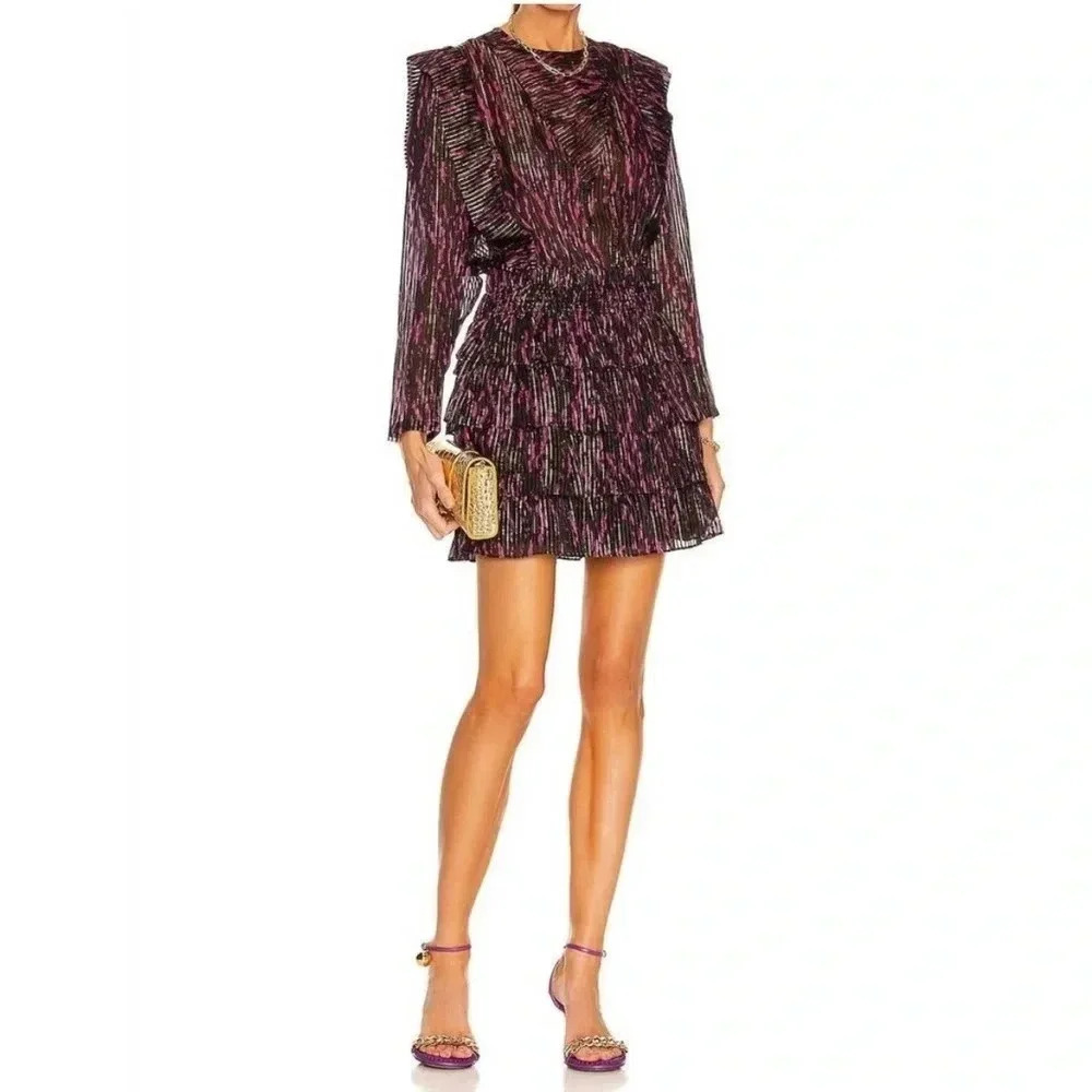 IRO Anael metallic stripe silk ruffle mini dress